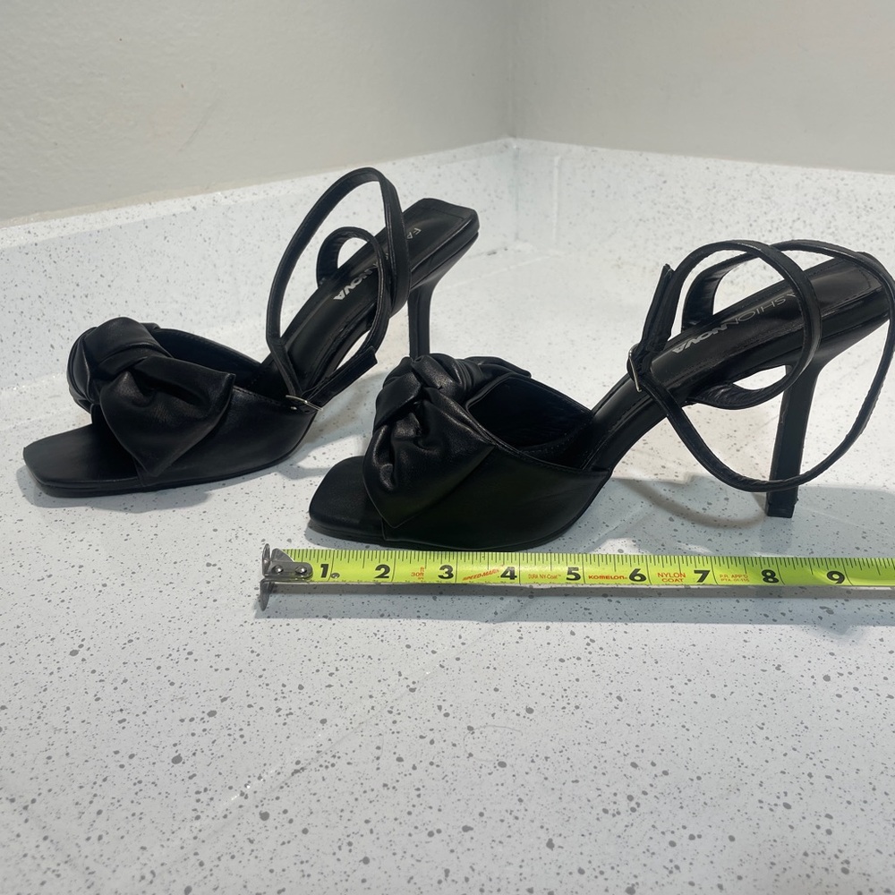 SIZE 11 WIDE. Black Stiletto Heels with Strappy Design. Peep toe.